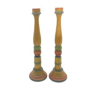 Vintage 80s Wooden Striped Hand-Turned Candle Holders Set Of 2